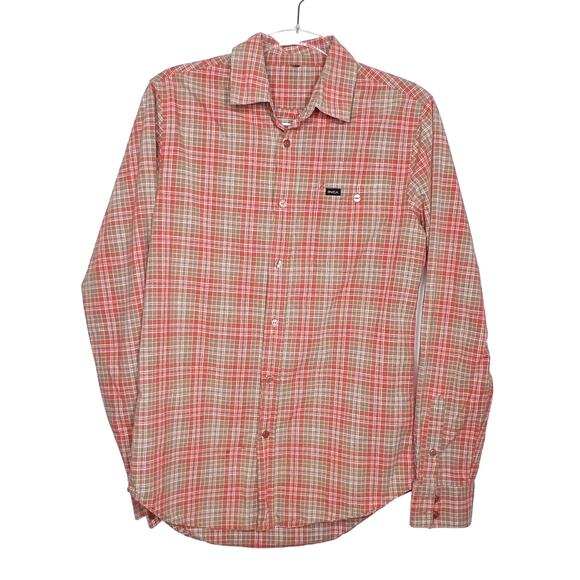RVCA Long Sleeve Button-Down Shirt Classic Fit Check Plaid Orange Taupe Size M - Picture 1 of 8